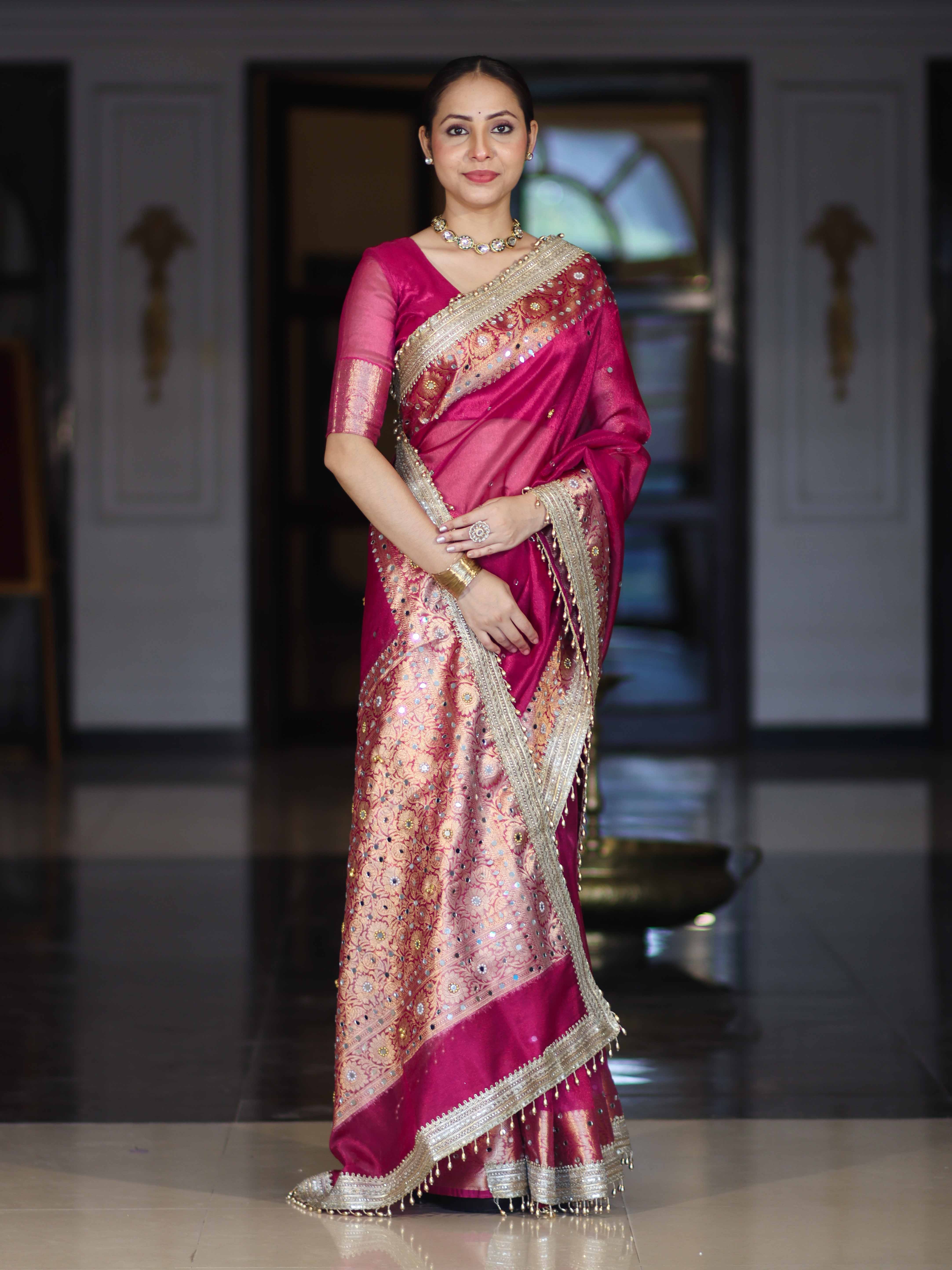 Banarasee Tissue Saree With Hand Embroidered Mirror Work Ghungroo Work & Zari Woven Pallu-Magenta