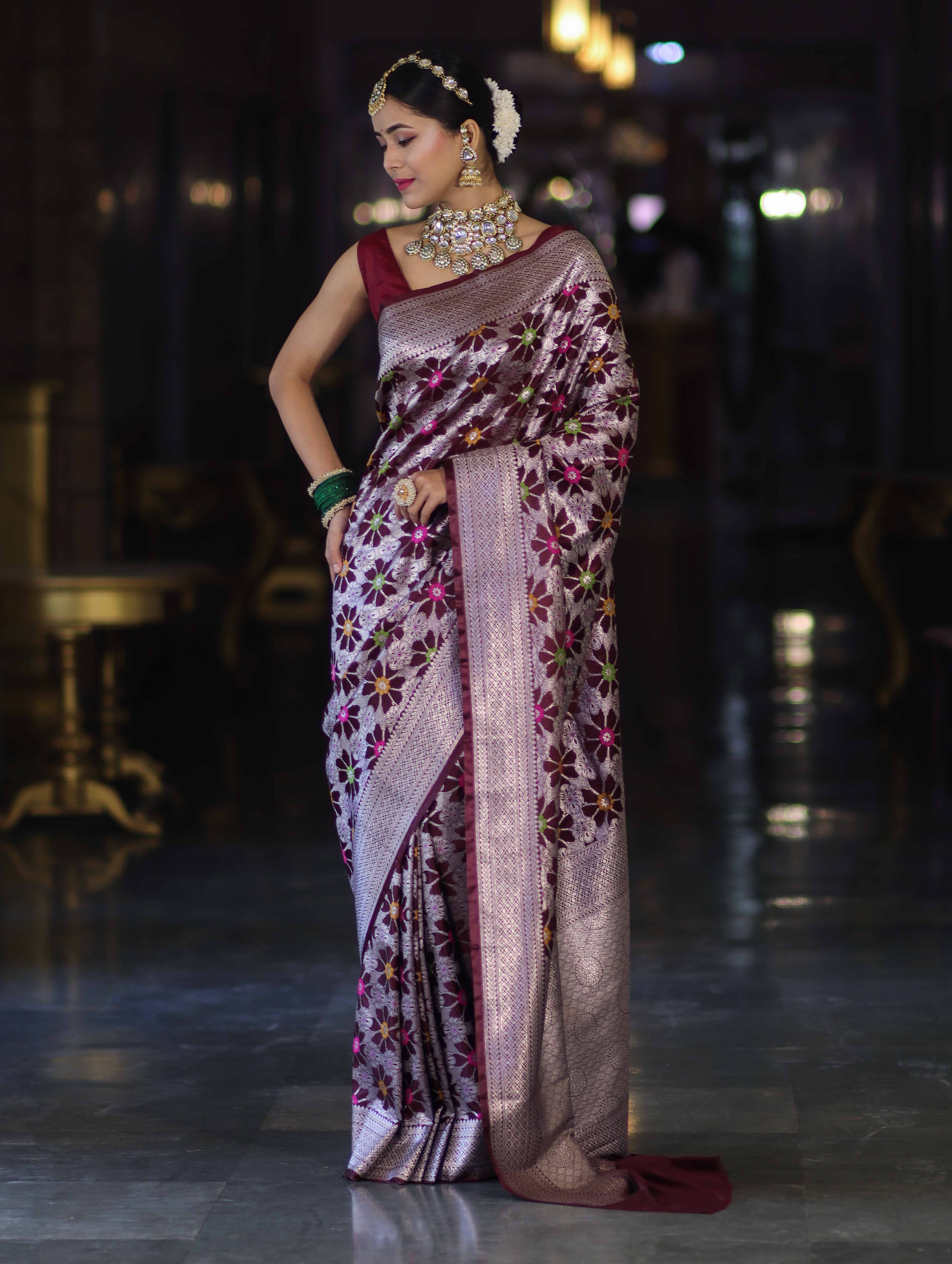 Banarasee Handloom Mashru Silk Saree With Floral Zari Jaal Work & Border-Burgundy
