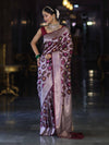 Banarasee Handloom Mashru Silk Saree With Floral Zari Jaal Work & Border-Burgundy