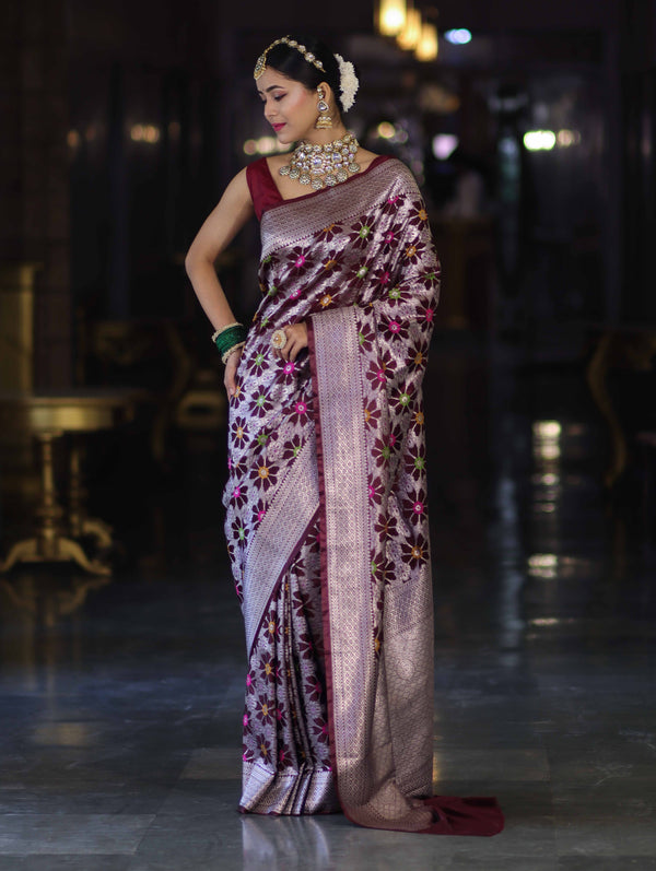 Banarasee Handloom Mashru Silk Saree With Floral Zari Jaal Work & Border-Burgundy