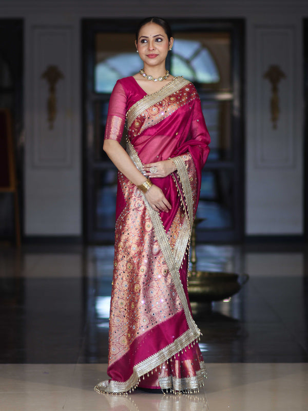 Banarasee Tissue Saree With Hand Embroidered Mirror Work Ghungroo Work & Zari Woven Pallu-Magenta