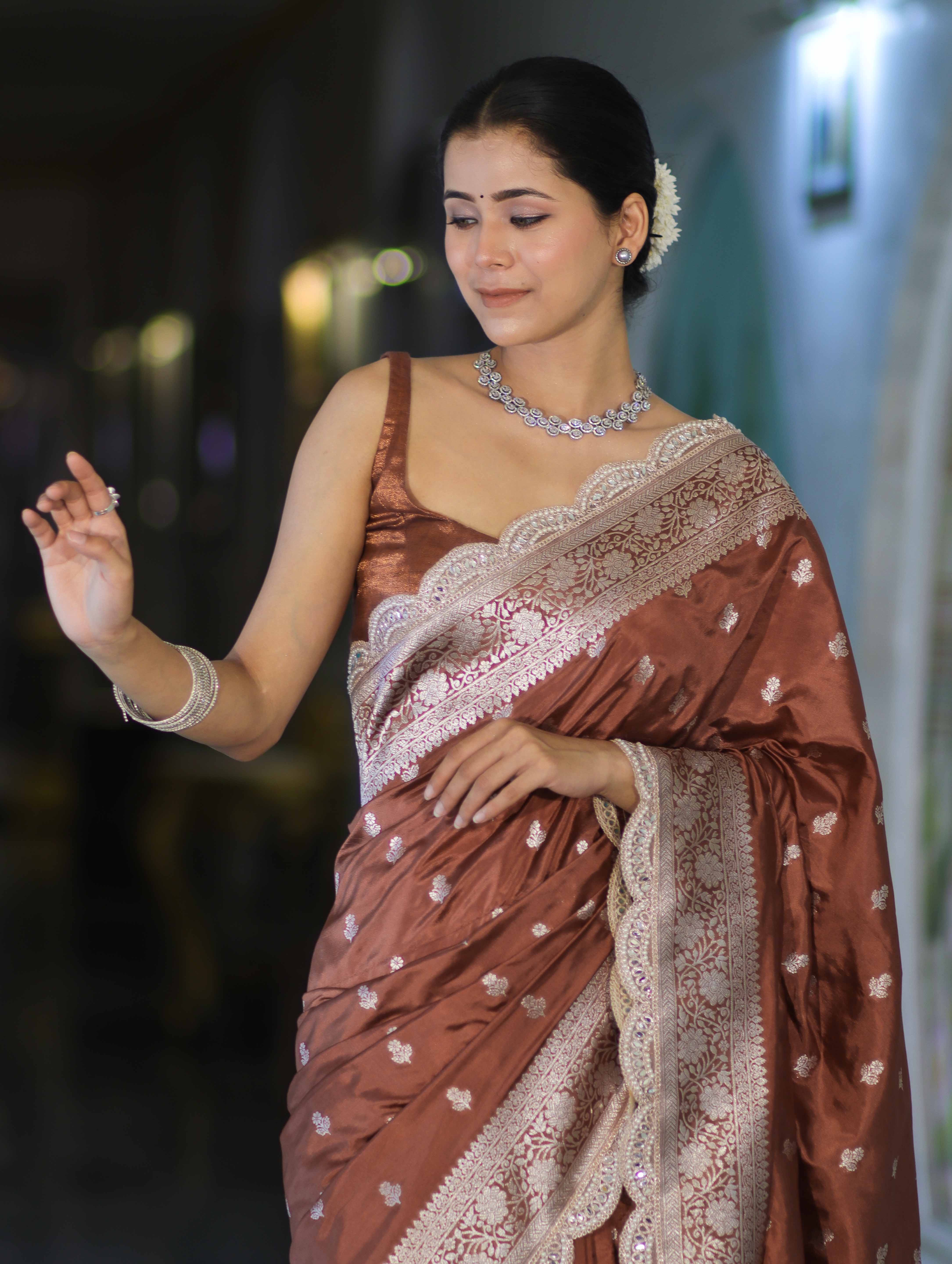 Banarasee Handloom Soft Silk Saree With Zari Buti Design Floral Border & Lace-Brown