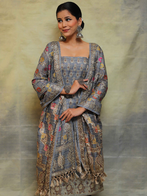 Banarasee Salwar Kameez Cotton Silk Fabric With Multicolor Resham & Ghichha Work-Grey