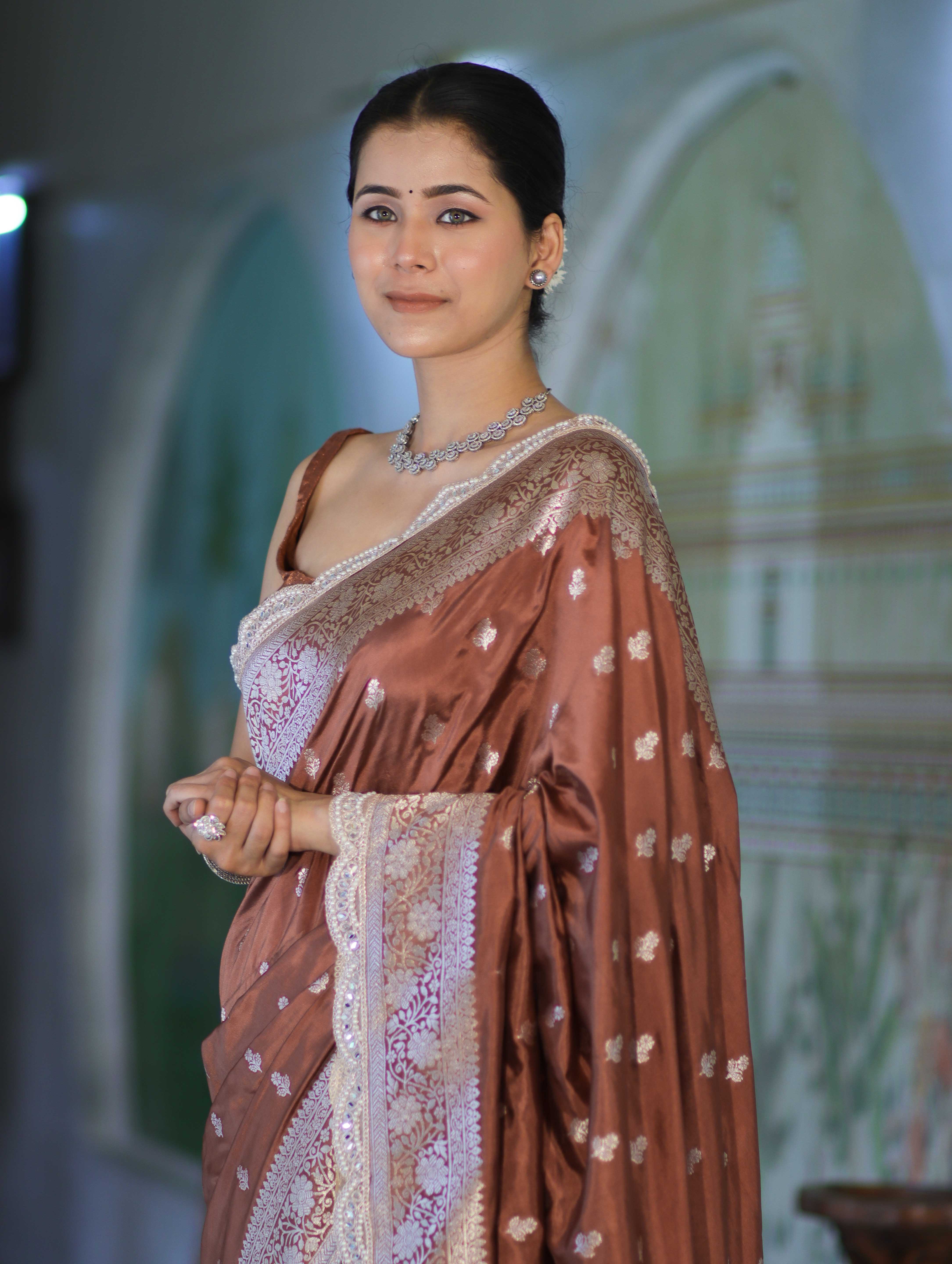 Banarasee Handloom Soft Silk Saree With Zari Buti Design Floral Border & Lace-Brown