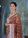 Banarasee Handloom Soft Silk Saree With Zari Buti Design Floral Border & Lace-Brown