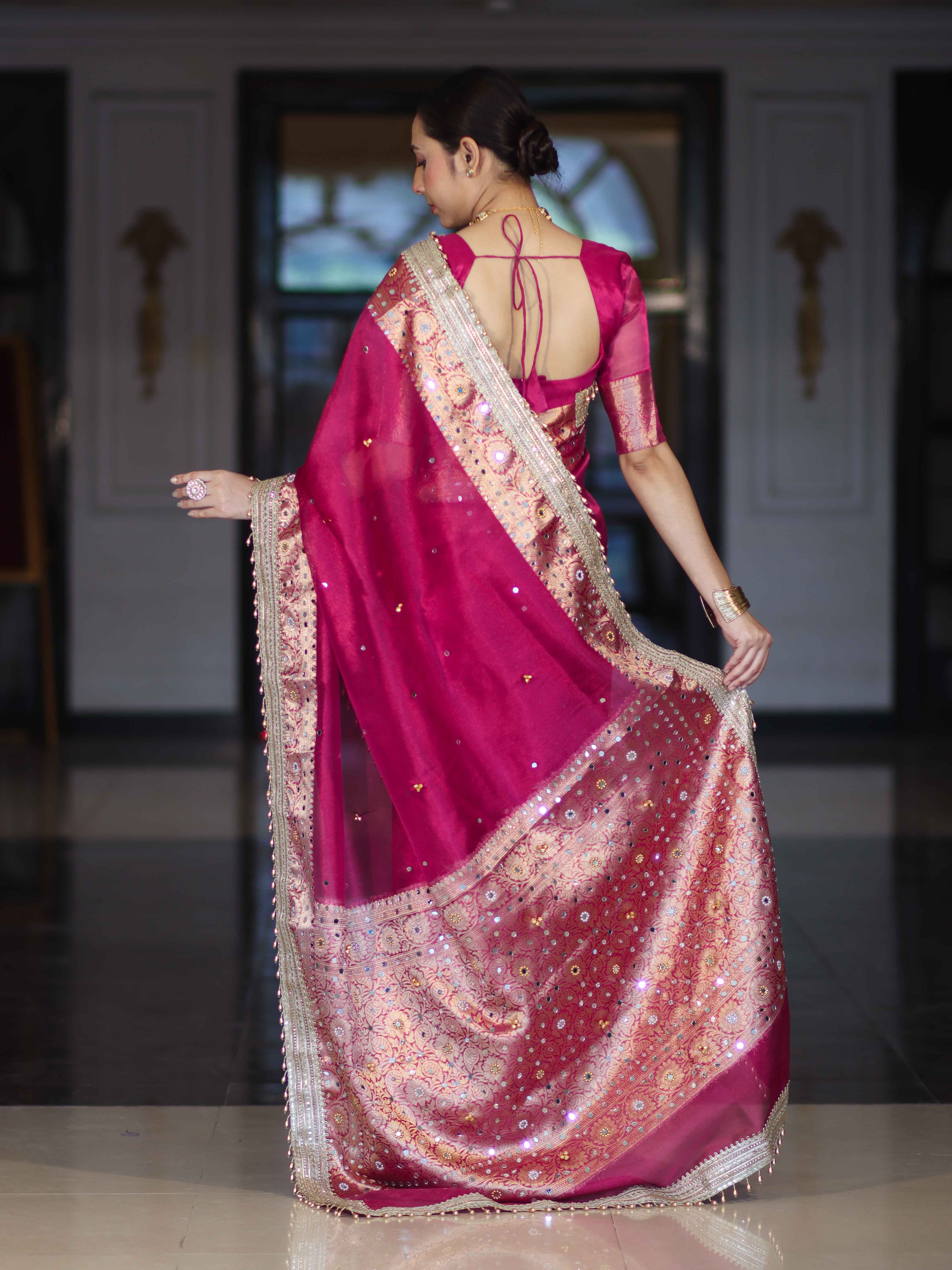 Banarasee Tissue Saree With Hand Embroidered Mirror Work Ghungroo Work & Zari Woven Pallu-Magenta