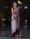Banarasee Handloom Mashru Silk Saree With Floral Zari Jaal Work & Border-Burgundy