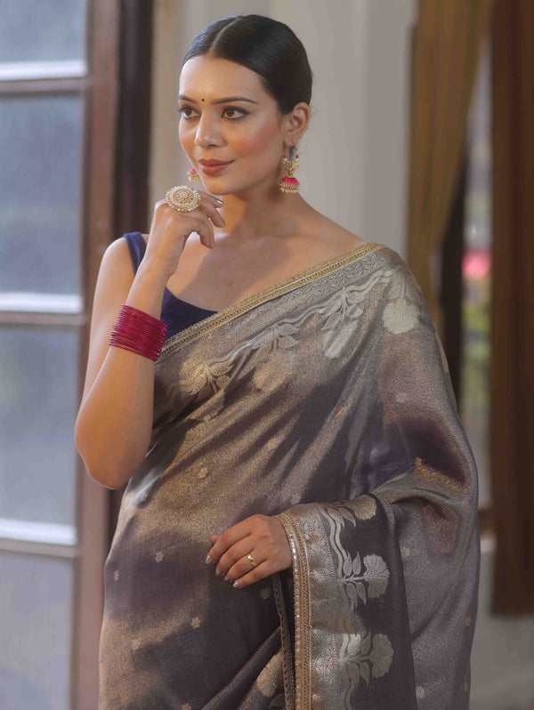 Banarasee Handwoven Soft Tissue Saree Zari Border With Lace-Deep Blue