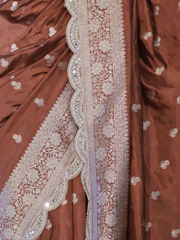 Banarasee Handloom Soft Silk Saree With Zari Buti Design Floral Border & Lace-Brown