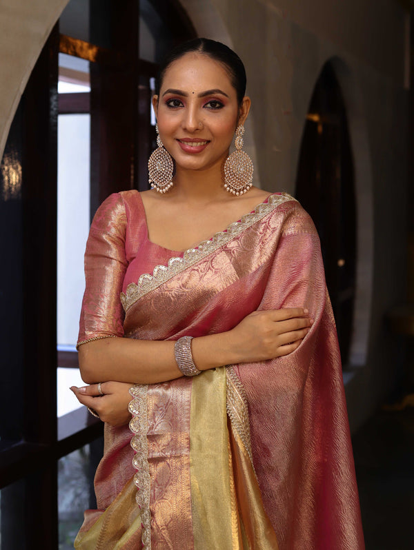 Banarasee Handwoven Crushed Tissue Saree With Zari Border & Lace-Multicolor