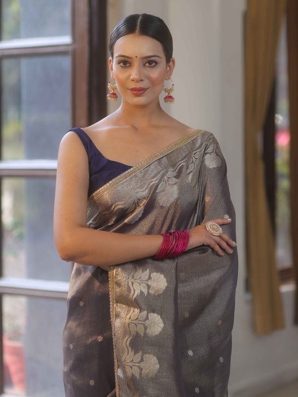 Banarasee Handwoven Soft Tissue Saree Zari Border With Lace-Deep Blue