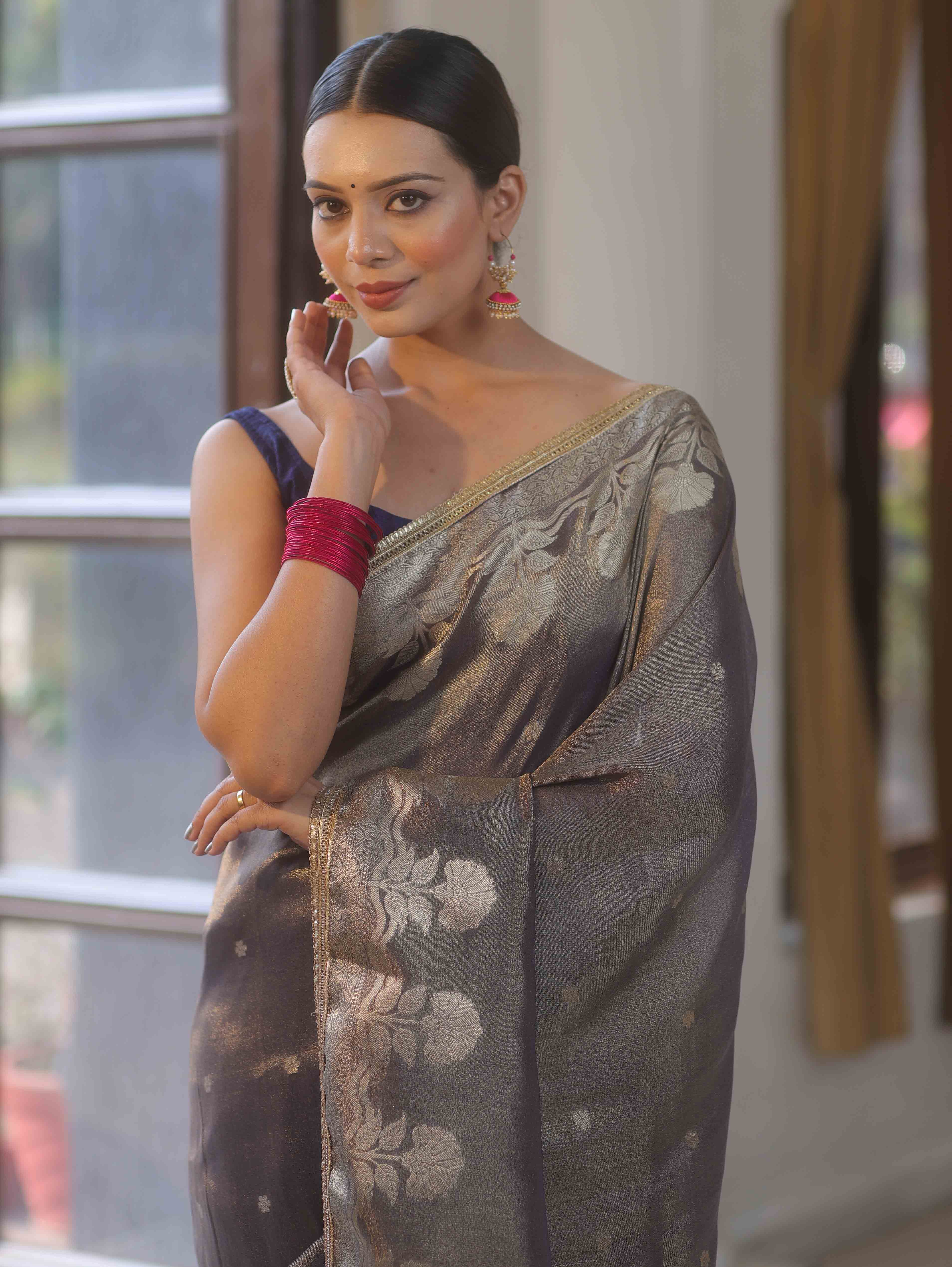 Banarasee Handwoven Soft Tissue Saree Zari Border With Lace-Deep Blue