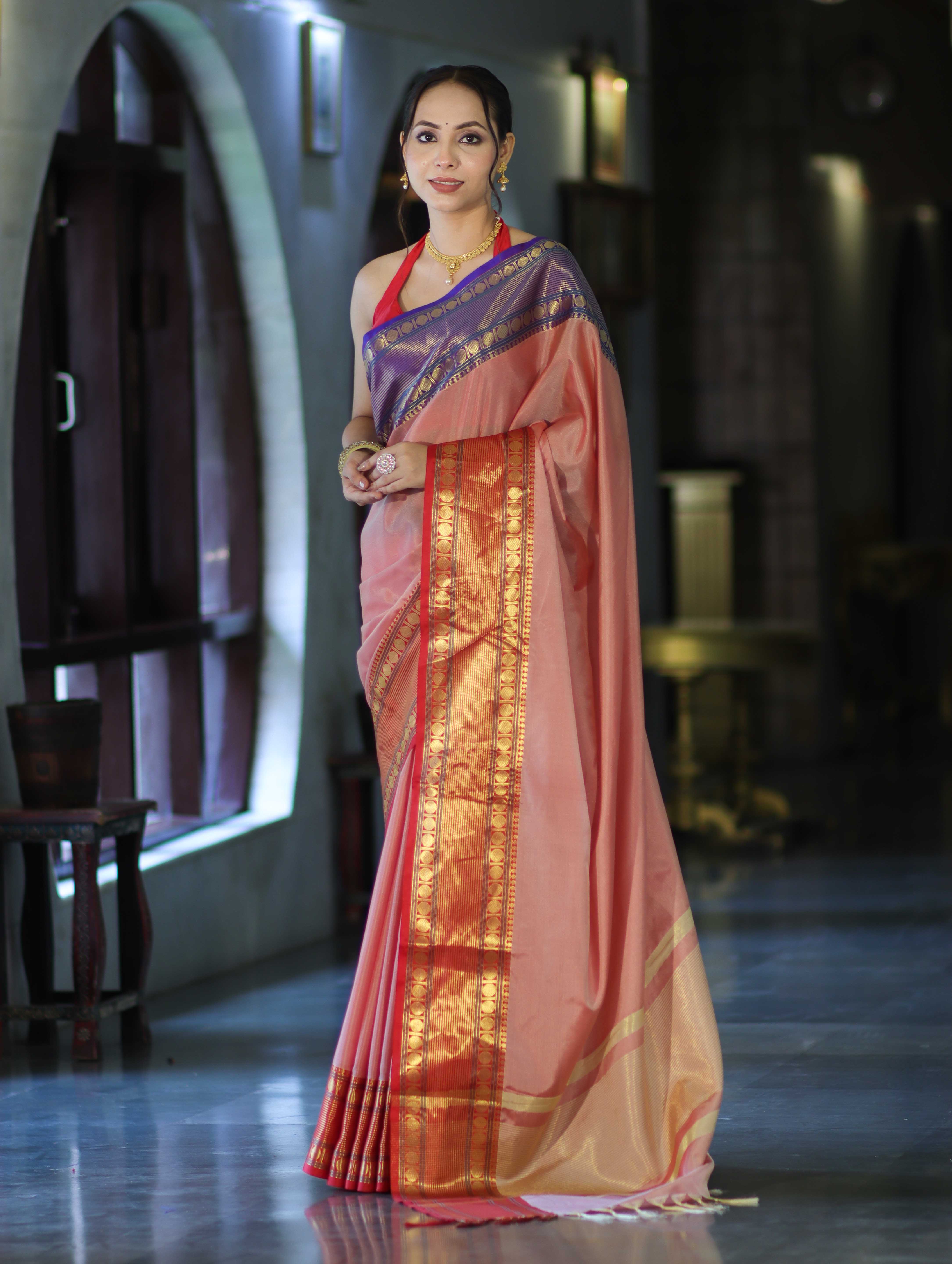 Banarasee Handloom Plain Semi Silk Saree With Contrast Temple Border-Pastel Red