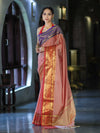 Banarasee Handloom Plain Semi Silk Saree With Contrast Temple Border-Pastel Red