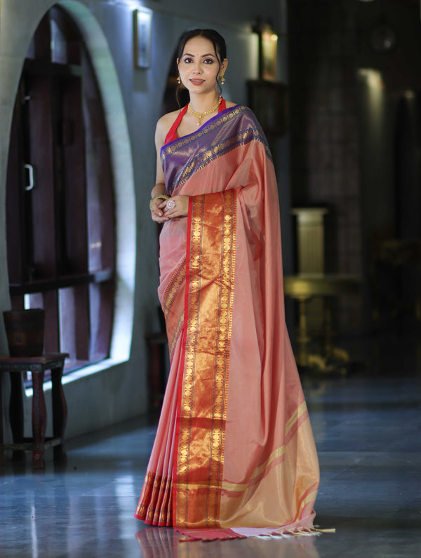 Banarasee Handloom Plain Semi Silk Saree With Contrast Temple Border-Pastel Red