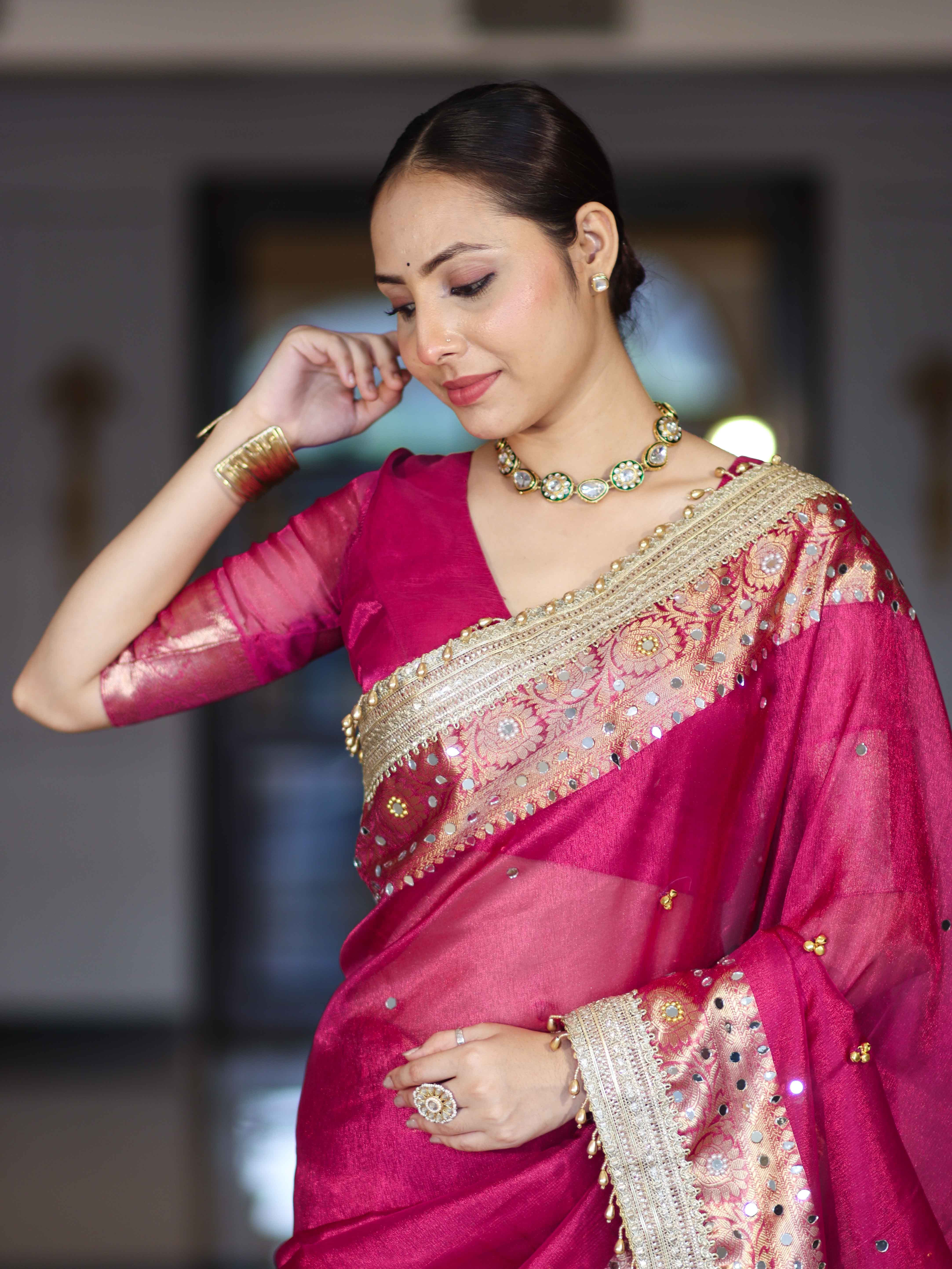 Banarasee Tissue Saree With Hand Embroidered Mirror Work Ghungroo Work & Zari Woven Pallu-Magenta