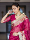 Banarasee Tissue Saree With Hand Embroidered Mirror Work Ghungroo Work & Zari Woven Pallu-Magenta