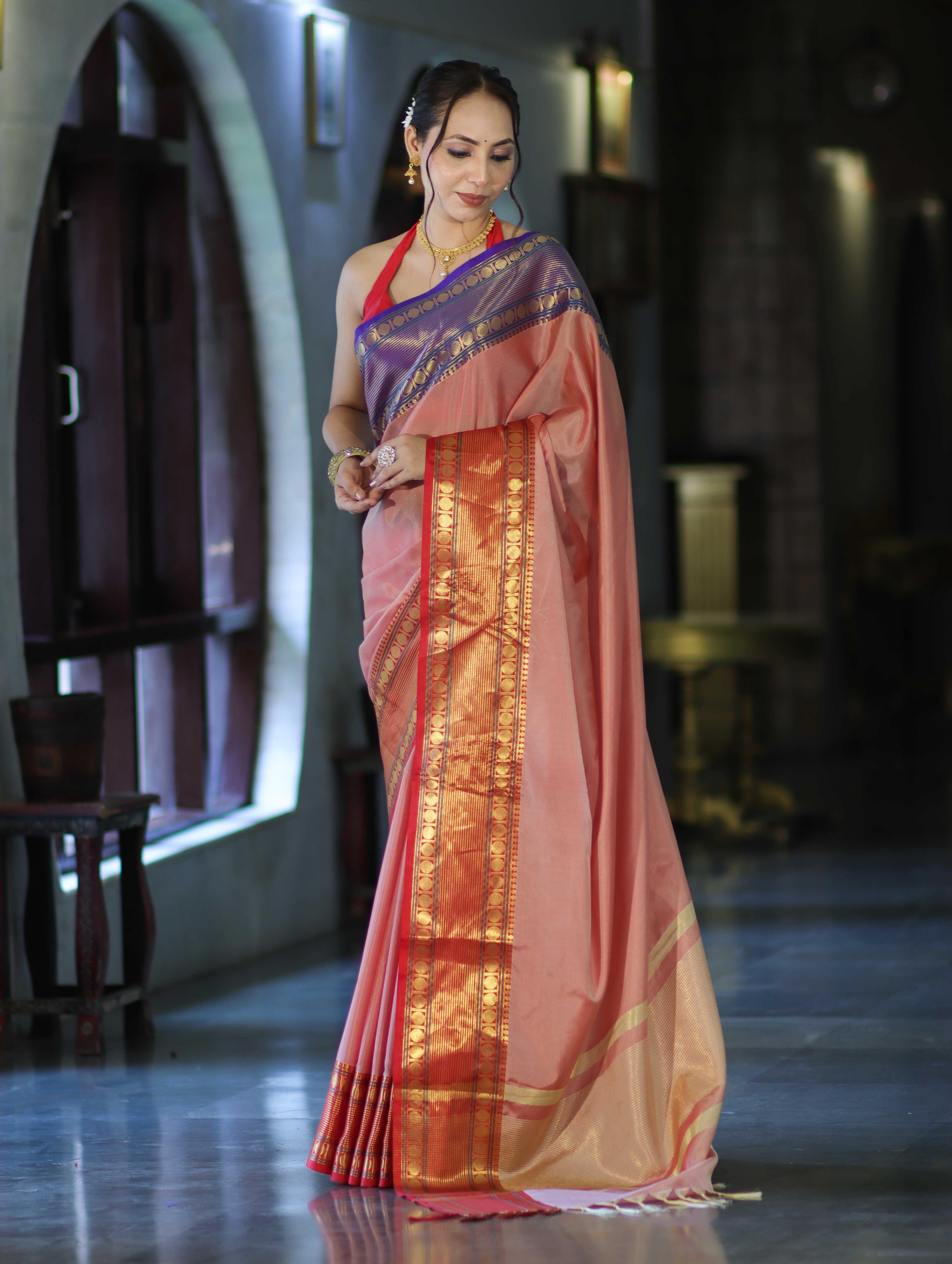 Banarasee Handloom Plain Semi Silk Saree With Contrast Temple Border-Pastel Red