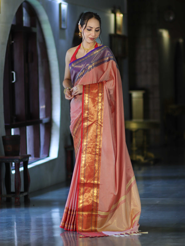 Banarasee Handloom Plain Semi Silk Saree With Contrast Temple Border-Pastel Red