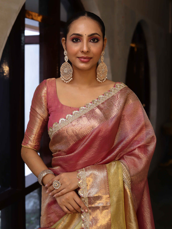 Banarasee Handwoven Crushed Tissue Saree With Zari Border & Lace-Multicolor