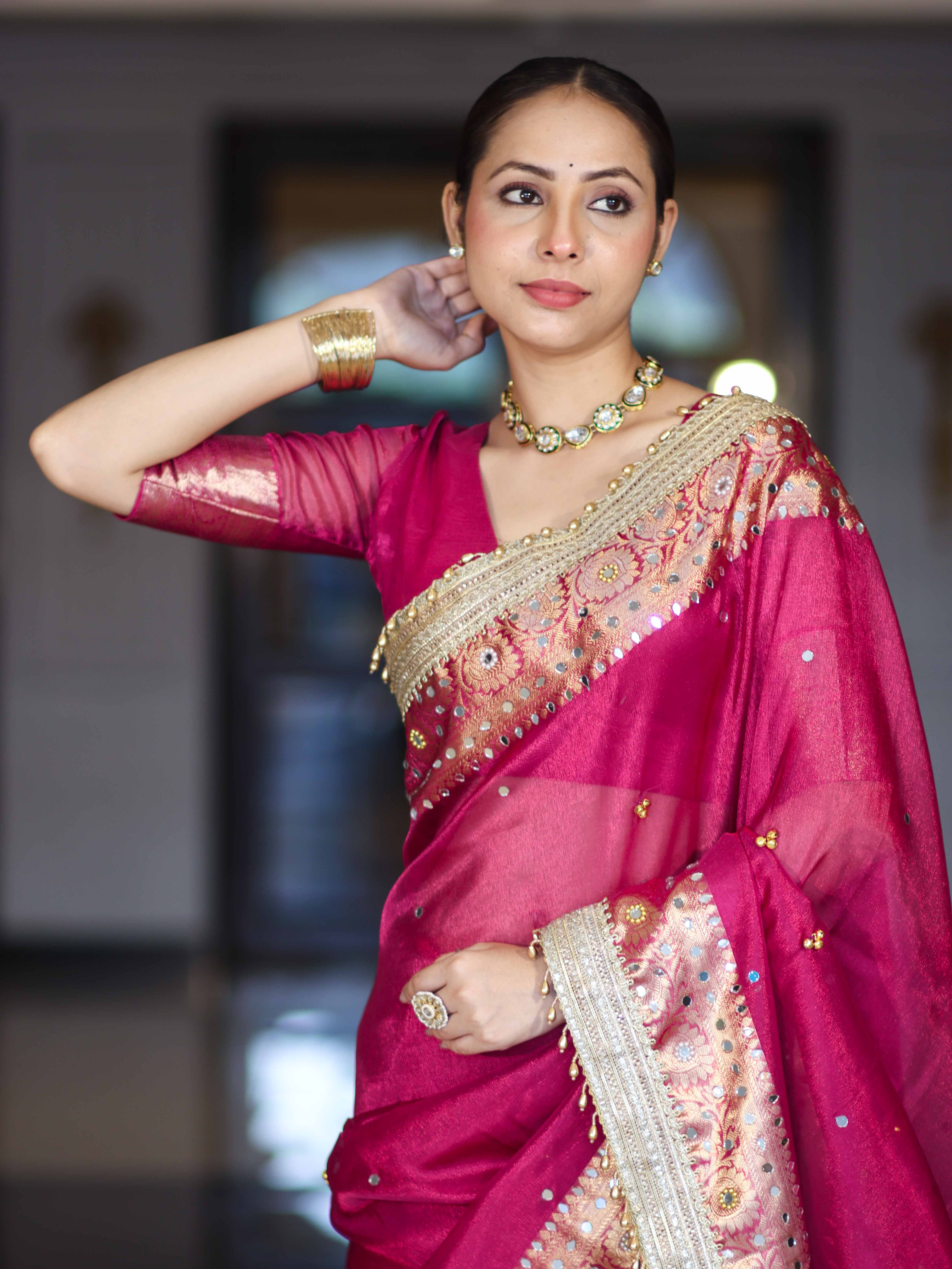 Banarasee Tissue Saree With Hand Embroidered Mirror Work Ghungroo Work & Zari Woven Pallu-Magenta