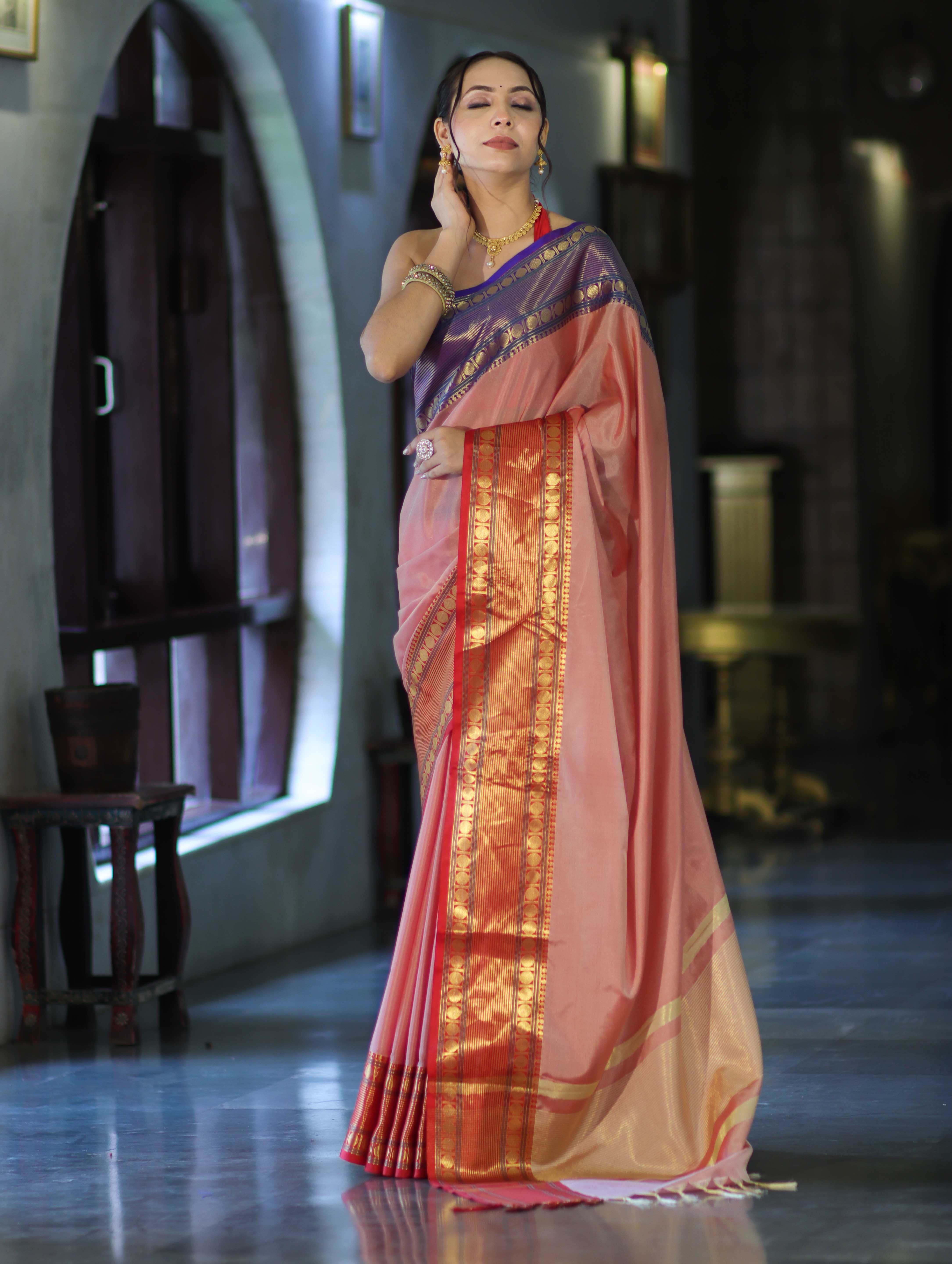 Banarasee Handloom Plain Semi Silk Saree With Contrast Temple Border-Pastel Red