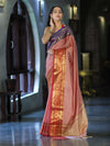 Banarasee Handloom Plain Semi Silk Saree With Contrast Temple Border-Pastel Red