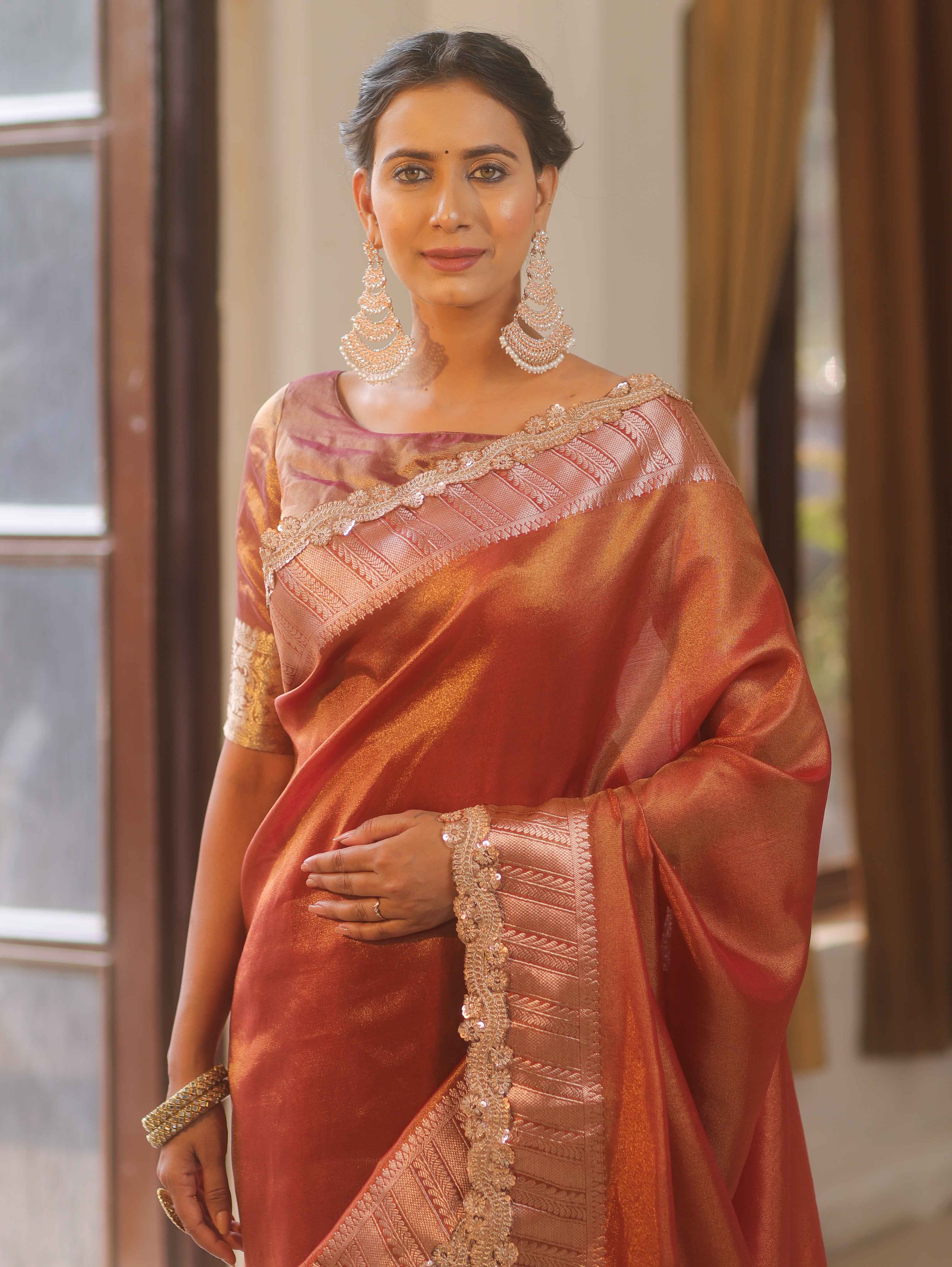 Banarasee Handwoven Plain Tissue Saree  With Zari Border & Lace-Maroon