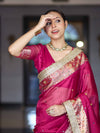 Banarasee Tissue Saree With Hand Embroidered Mirror Work Ghungroo Work & Zari Woven Pallu-Magenta