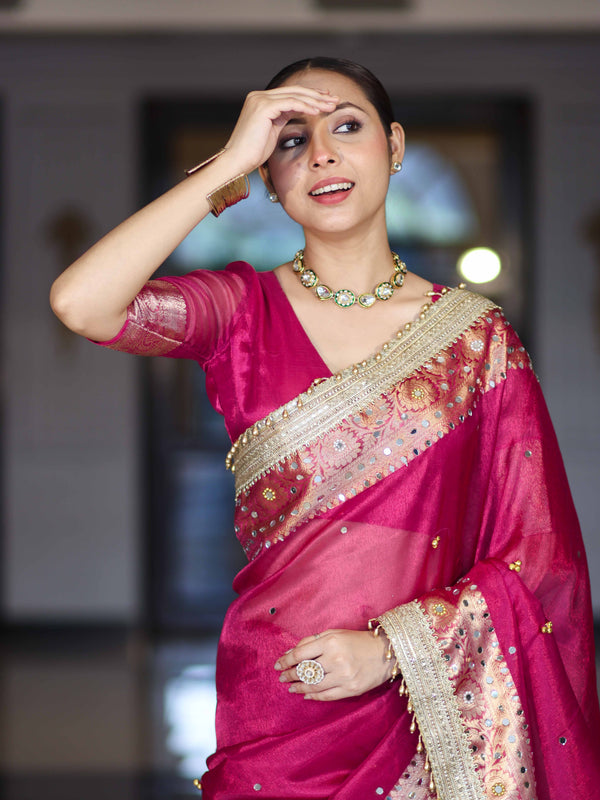Banarasee Tissue Saree With Hand Embroidered Mirror Work Ghungroo Work & Zari Woven Pallu-Magenta
