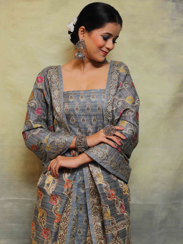 Banarasee Salwar Kameez Cotton Silk Fabric With Multicolor Resham & Ghichha Work-Grey
