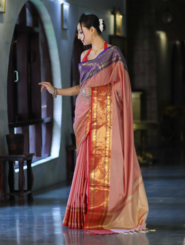 Banarasee Handloom Plain Semi Silk Saree With Contrast Temple Border-Pastel Red