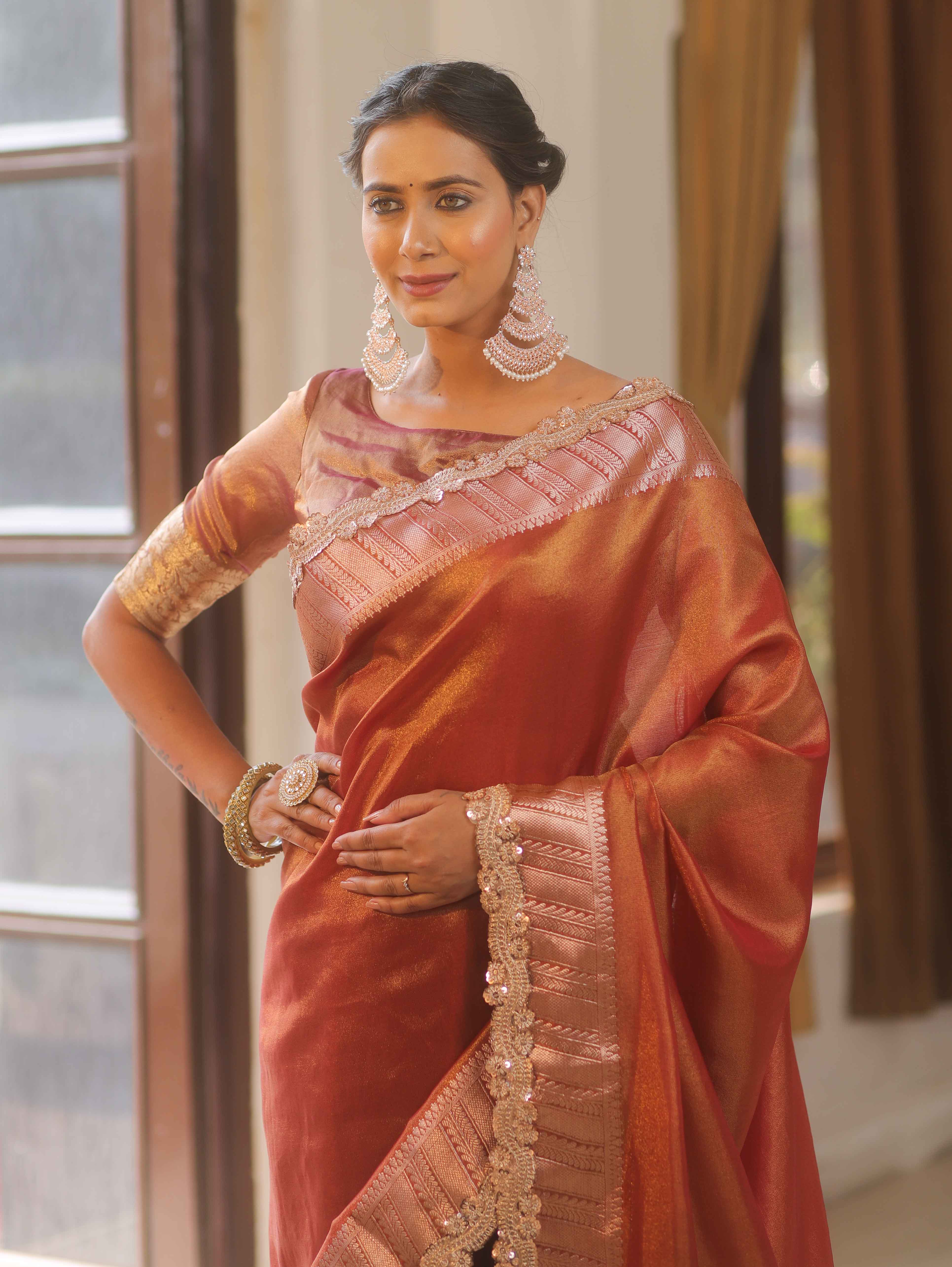 Banarasee Handwoven Plain Tissue Saree  With Zari Border & Lace-Maroon