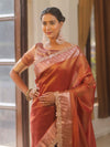 Banarasee Handwoven Plain Tissue Saree  With Zari Border & Lace-Maroon
