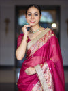 Banarasee Tissue Saree With Hand Embroidered Mirror Work Ghungroo Work & Zari Woven Pallu-Magenta