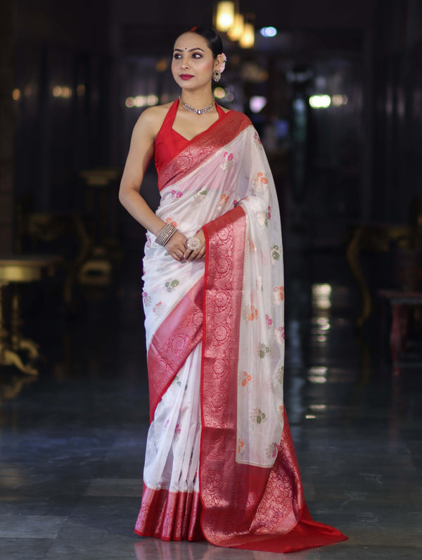 Banarasee Handloom Dupion Saree With Zari Buta Work & Contarst Border-White & Red