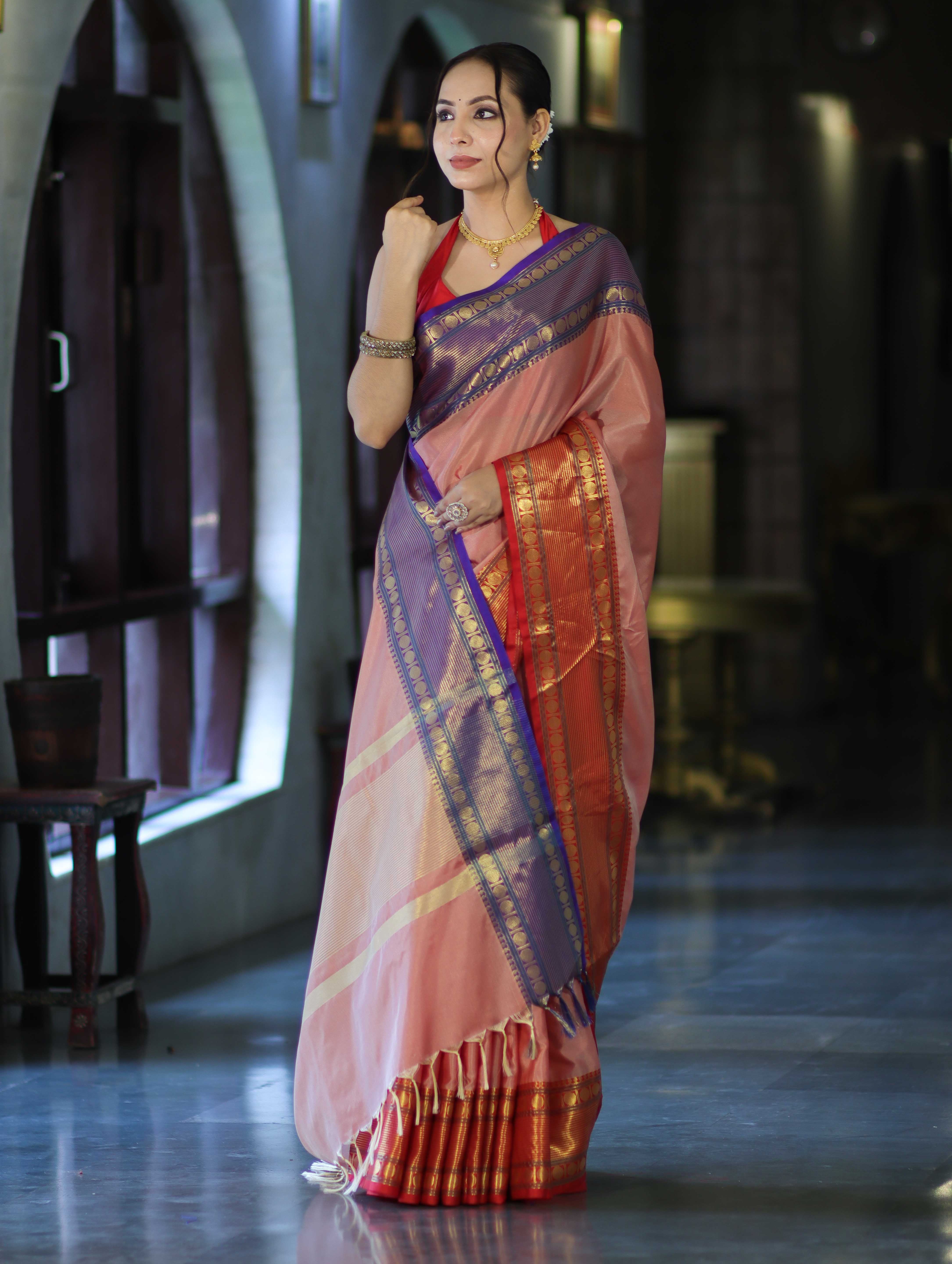 Banarasee Handloom Plain Semi Silk Saree With Contrast Temple Border-Pastel Red