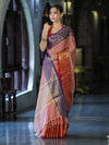 Banarasee Handloom Plain Semi Silk Saree With Contrast Temple Border-Pastel Red