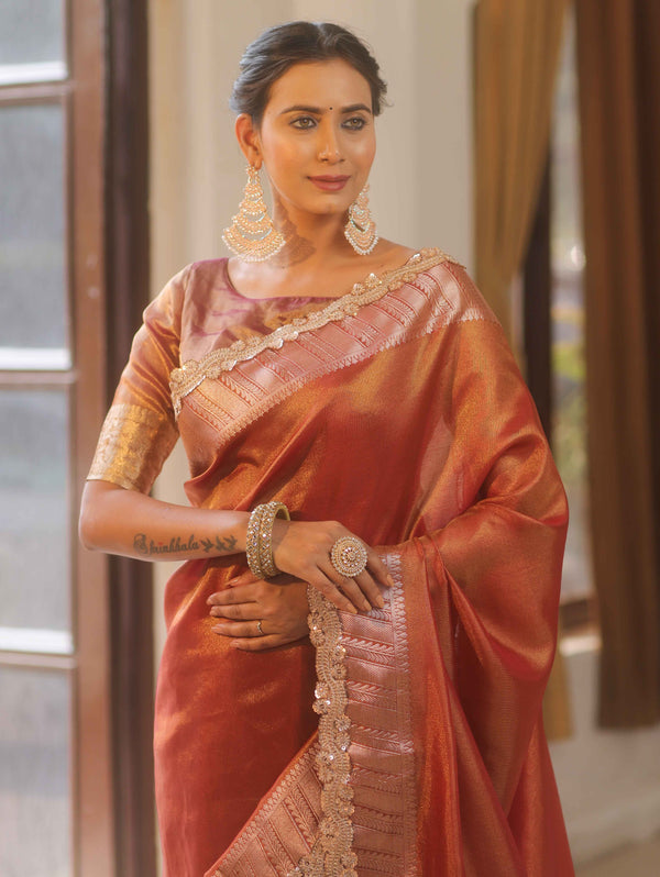 Banarasee Handwoven Plain Tissue Saree  With Zari Border & Lace-Maroon