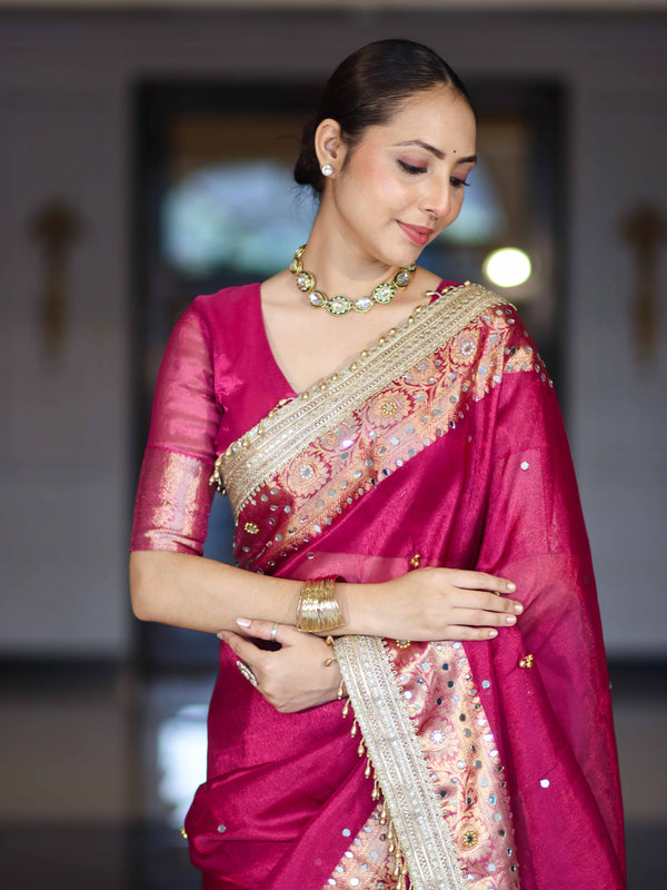 Banarasee Tissue Saree With Hand Embroidered Mirror Work Ghungroo Work & Zari Woven Pallu-Magenta