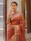 Banarasee Handwoven Plain Tissue Saree  With Zari Border & Lace-Maroon