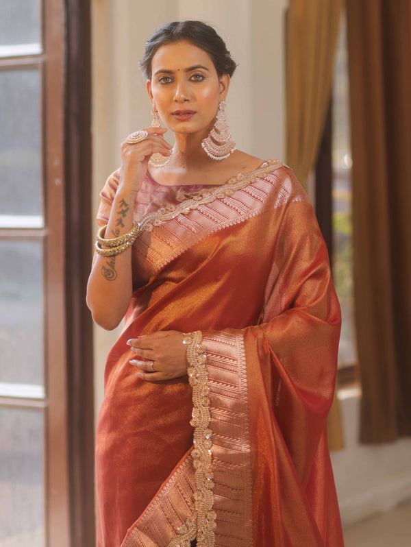 Banarasee Handwoven Plain Tissue Saree  With Zari Border & Lace-Maroon