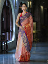 Banarasee Handloom Plain Semi Silk Saree With Contrast Temple Border-Pastel Red