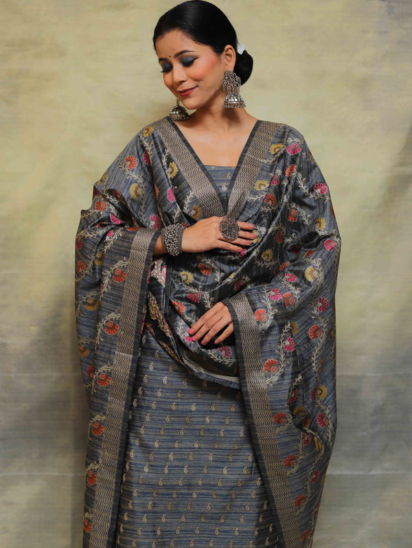Banarasee Salwar Kameez Cotton Silk Fabric With Multicolor Resham & Ghichha Work-Grey