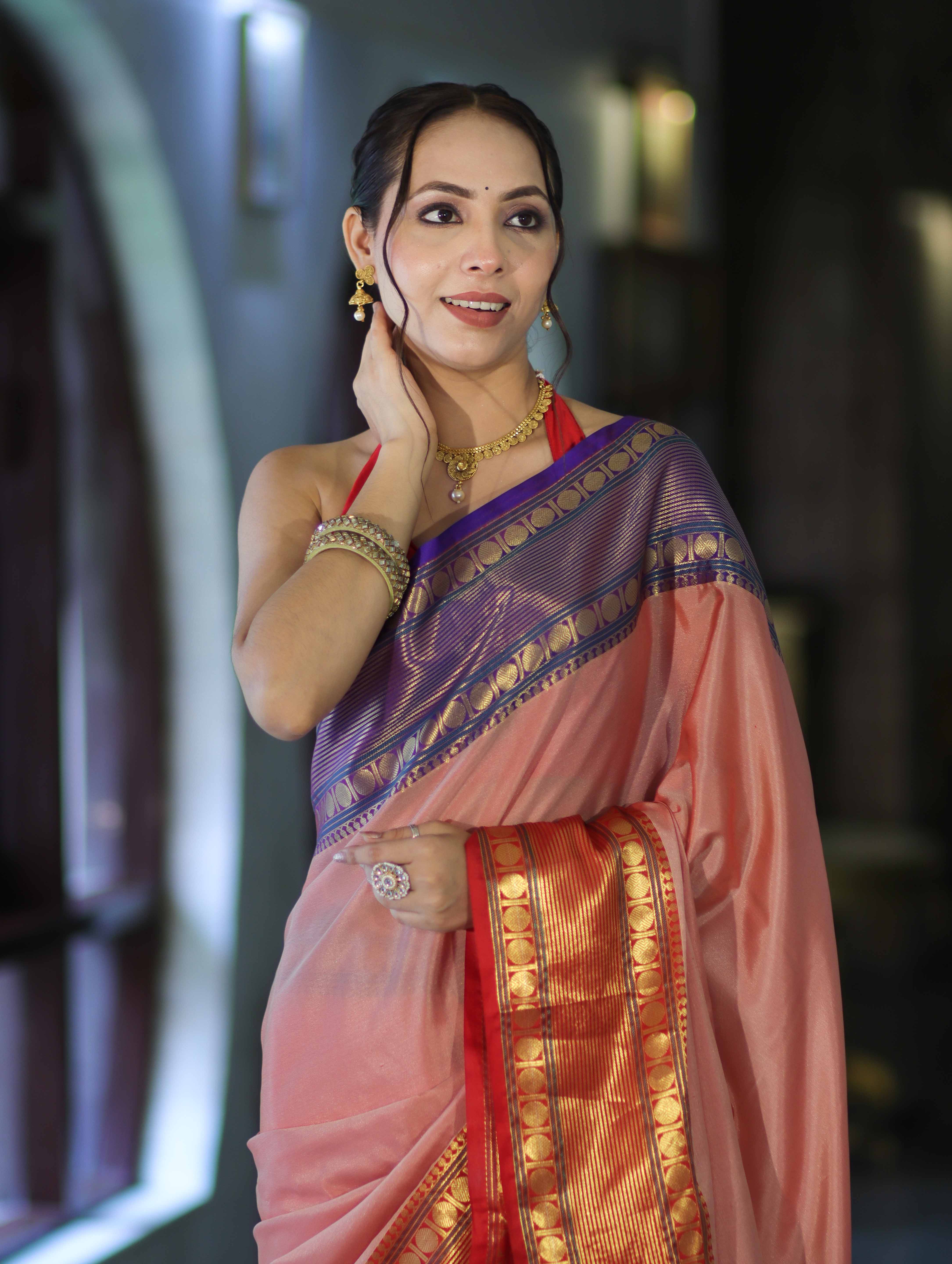 Banarasee Handloom Plain Semi Silk Saree With Contrast Temple Border-Pastel Red