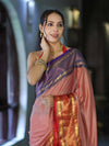 Banarasee Handloom Plain Semi Silk Saree With Contrast Temple Border-Pastel Red