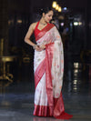 Banarasee Handloom Dupion Saree With Zari Buta Work & Contarst Border-White & Red
