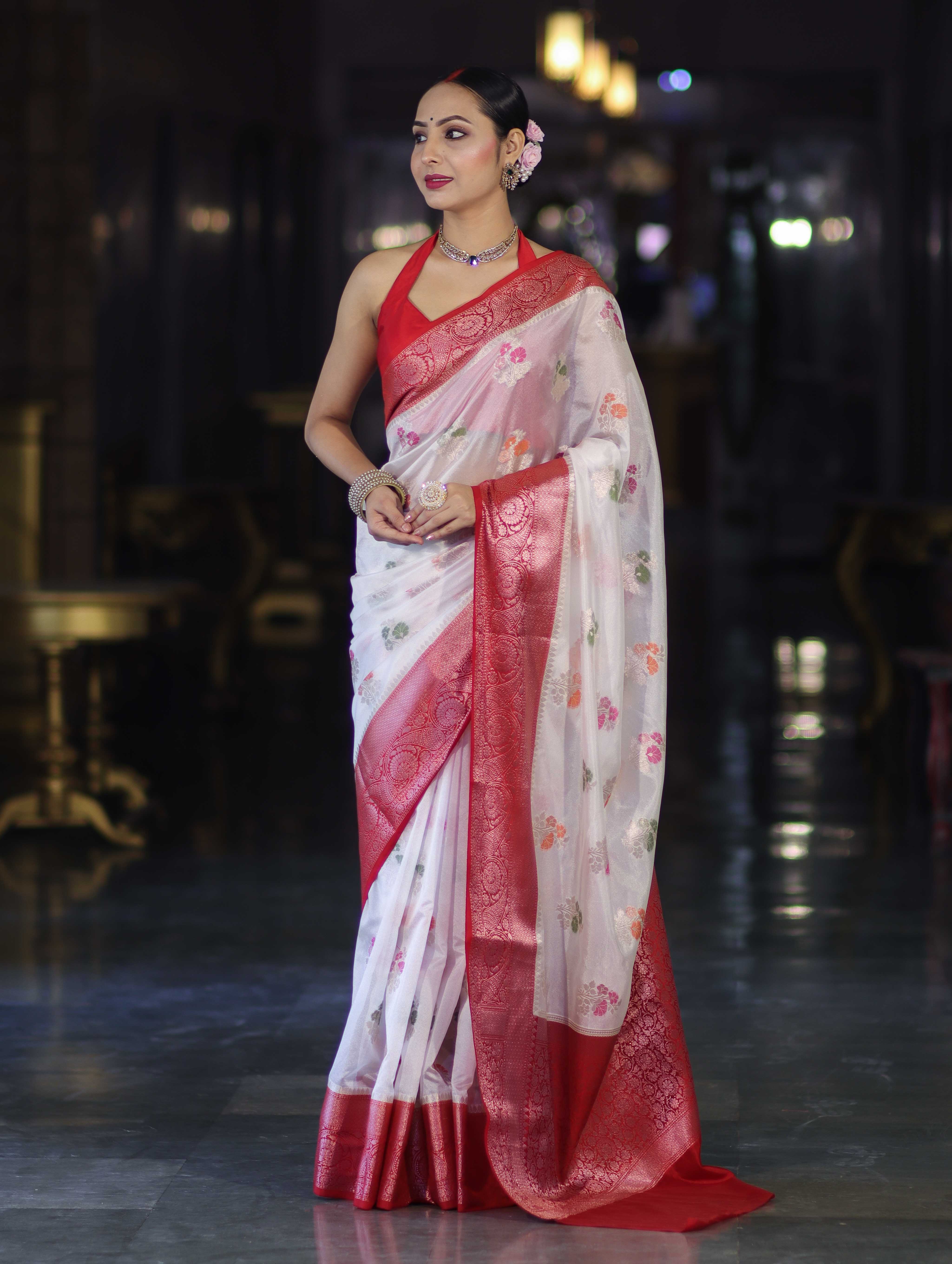 Banarasee Handloom Dupion Saree With Zari Buta Work & Contarst Border-White & Red