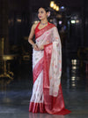 Banarasee Handloom Dupion Saree With Zari Buta Work & Contarst Border-White & Red