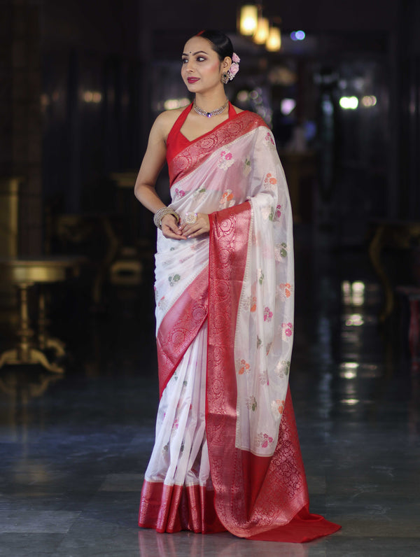 Banarasee Handloom Dupion Saree With Zari Buta Work & Contarst Border-White & Red